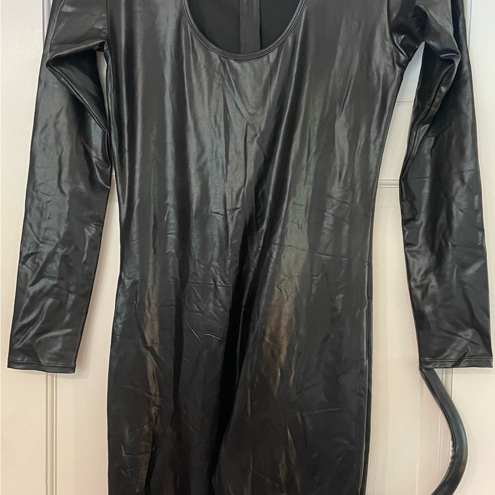 Black Cat Long Sleeve Costume Bodysuit with Tail